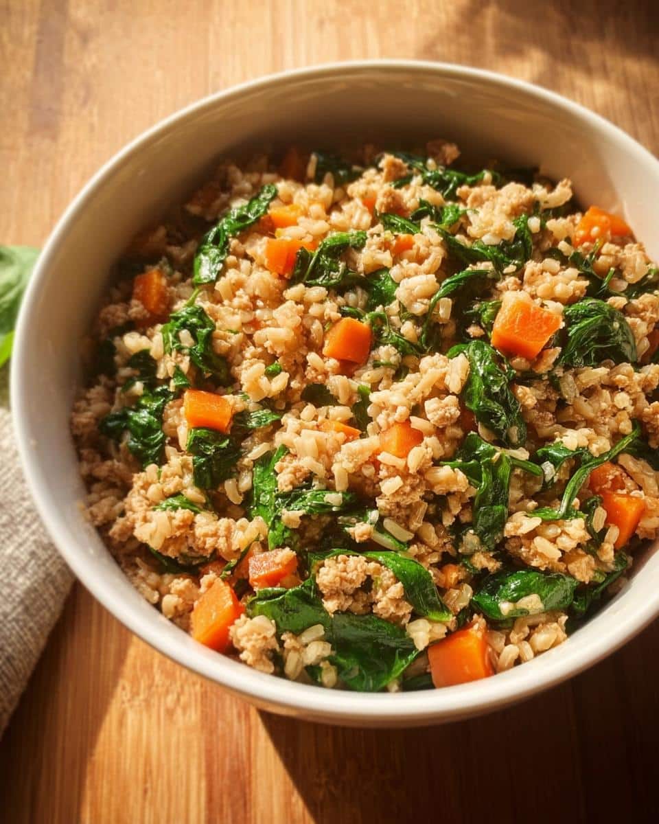 A white bowl filled with Vet-Approved Turkey, Brown Rice & Broccoli Dog Food mixture, showing ground turkey, brown rice, spinach, and diced carrots.