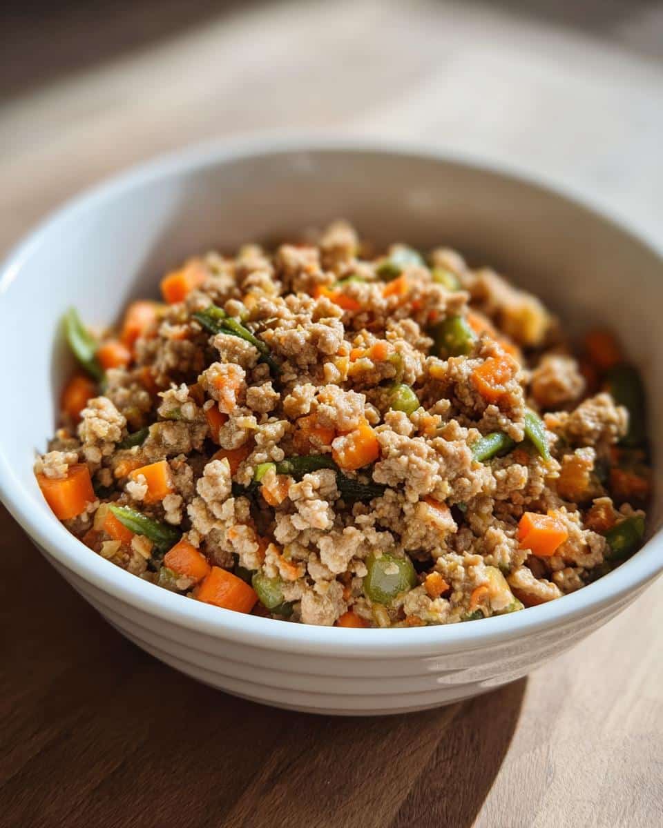 Close-up of Vet-Approved Turkey, Oatmeal & Pumpkin Dog Food mix with ground turkey and diced carrots and green beans.