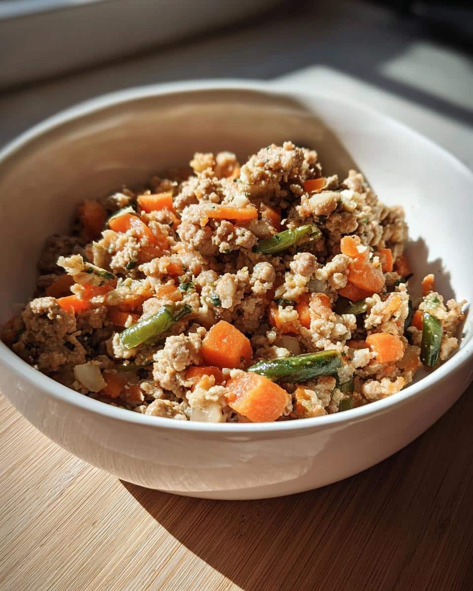 Close-up of Vet-Approved Turkey, Oatmeal & Pumpkin Dog Food mixed with diced carrots and green beans in a white bowl.