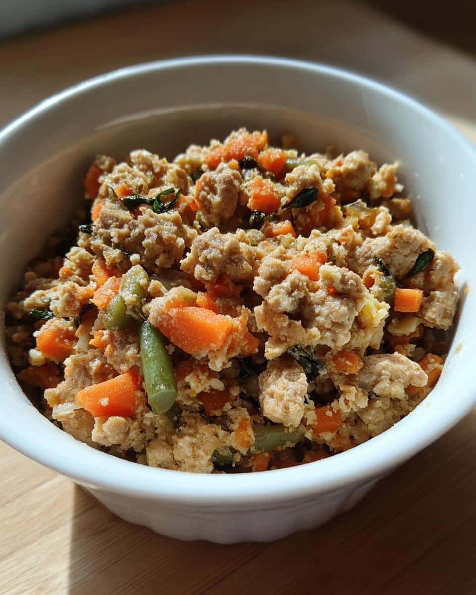 Close-up of Vet-Approved Turkey, Oatmeal & Pumpkin Dog Food mixture with visible turkey crumbles, diced carrots, and green beans in a white bowl.