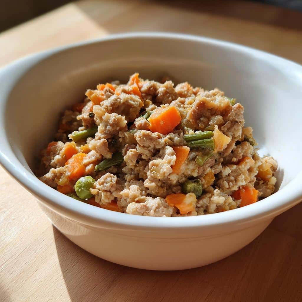 Close-up of Vet-Approved Turkey, Oatmeal & Pumpkin Dog Food in a white bowl with visible carrots and green beans.