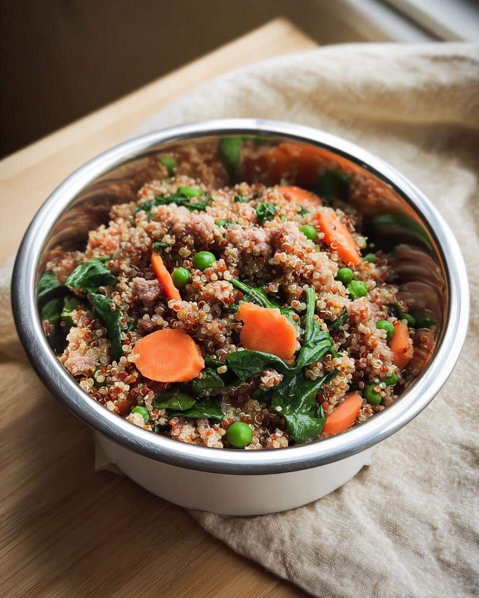 Close-up of Vet-Approved Turkey, Quinoa & Carrot Dog Food in a stainless steel bowl with carrots and spinach.