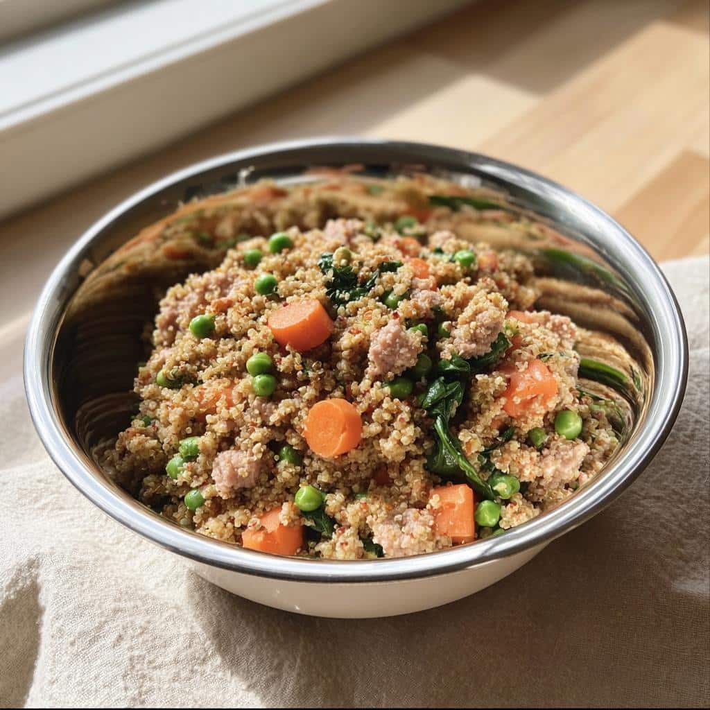 A stainless steel bowl filled with Vet-Approved Turkey, Quinoa & Carrot Dog Food, featuring ground turkey, quinoa, peas, and sliced carrots.