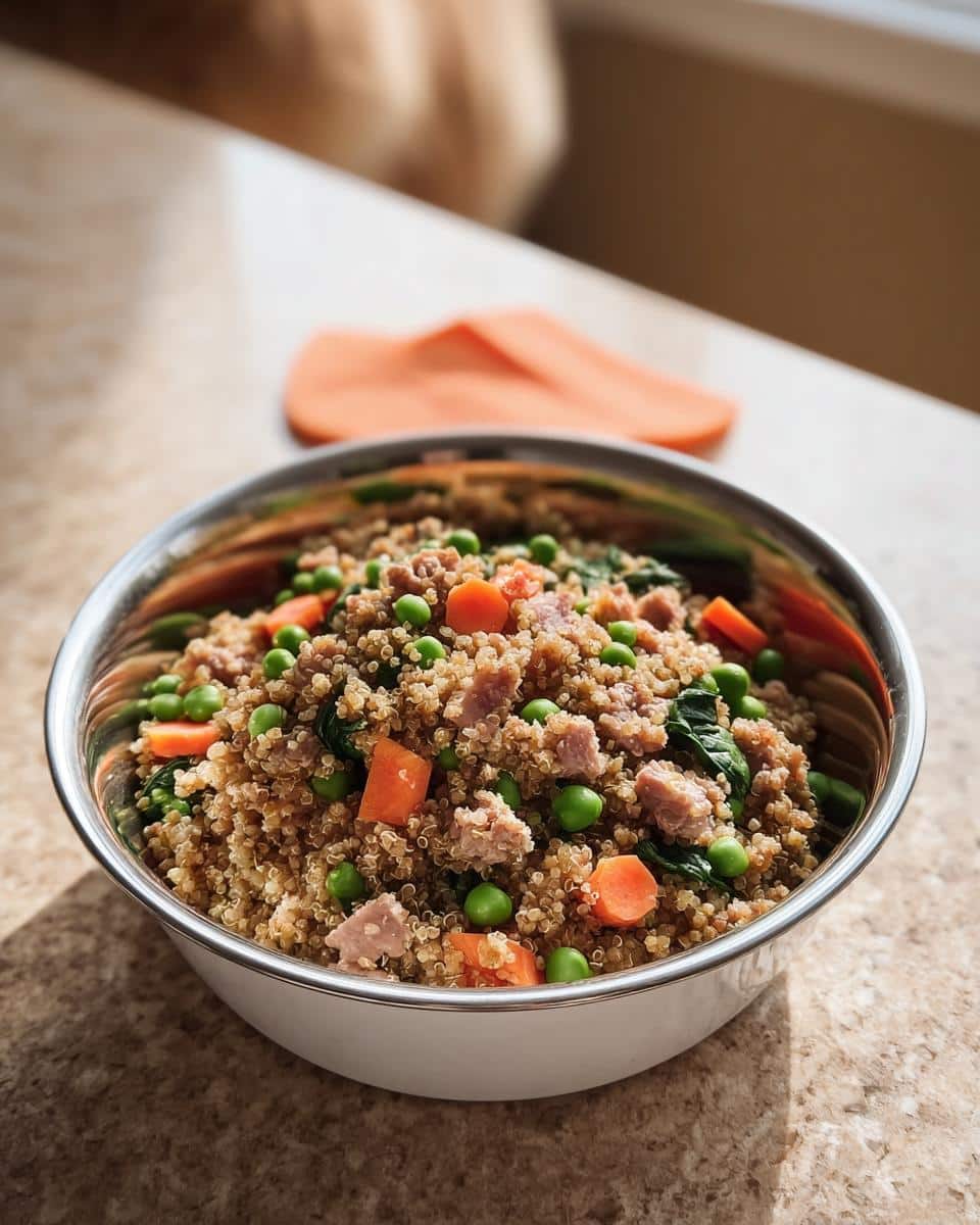 Close-up of Vet-Approved Turkey, Quinoa & Carrot Dog Food mix in a stainless steel bowl.