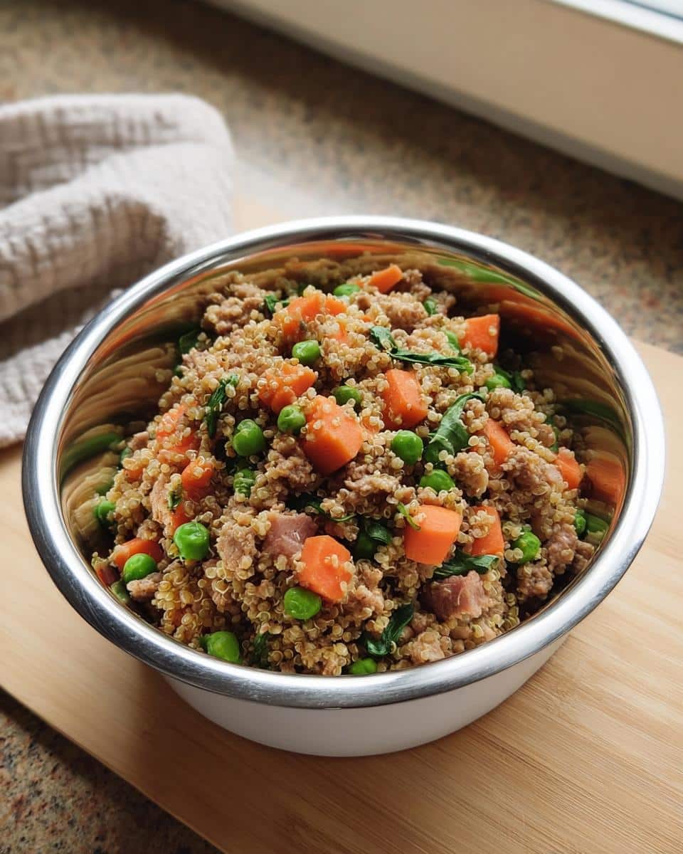 A stainless steel bowl filled with Vet-Approved Turkey, Quinoa & Carrot Dog Food, showing ground turkey, quinoa, peas, and diced carrots.