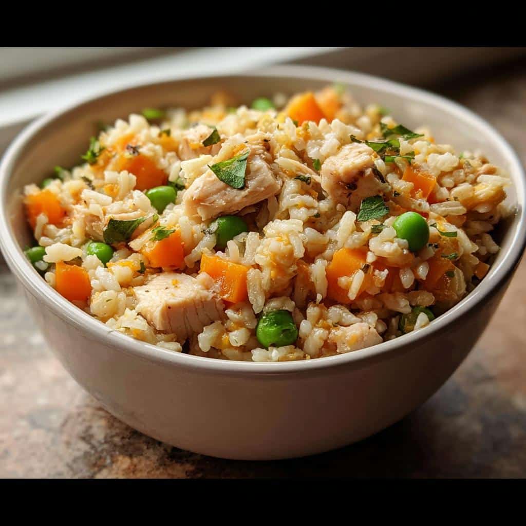 Close-up of Vet-Approved Turkey, Rice & Carrot Dog Food mixture in a white bowl, showing chunks of turkey, orange carrots, and green peas.