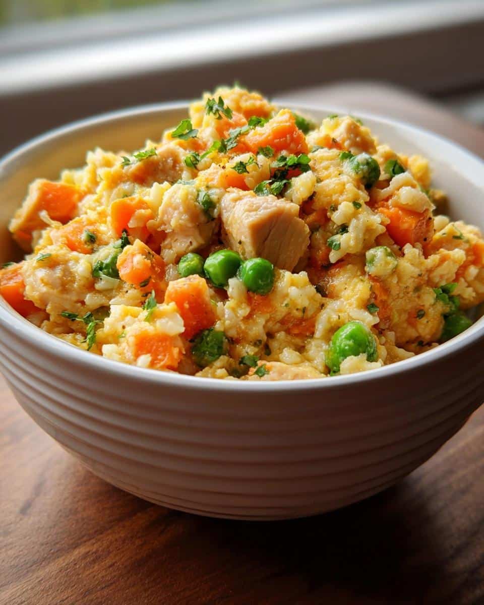 Close-up of Vet-Approved Turkey, Rice & Carrot Dog Food mixture in a white bowl, topped with parsley.
