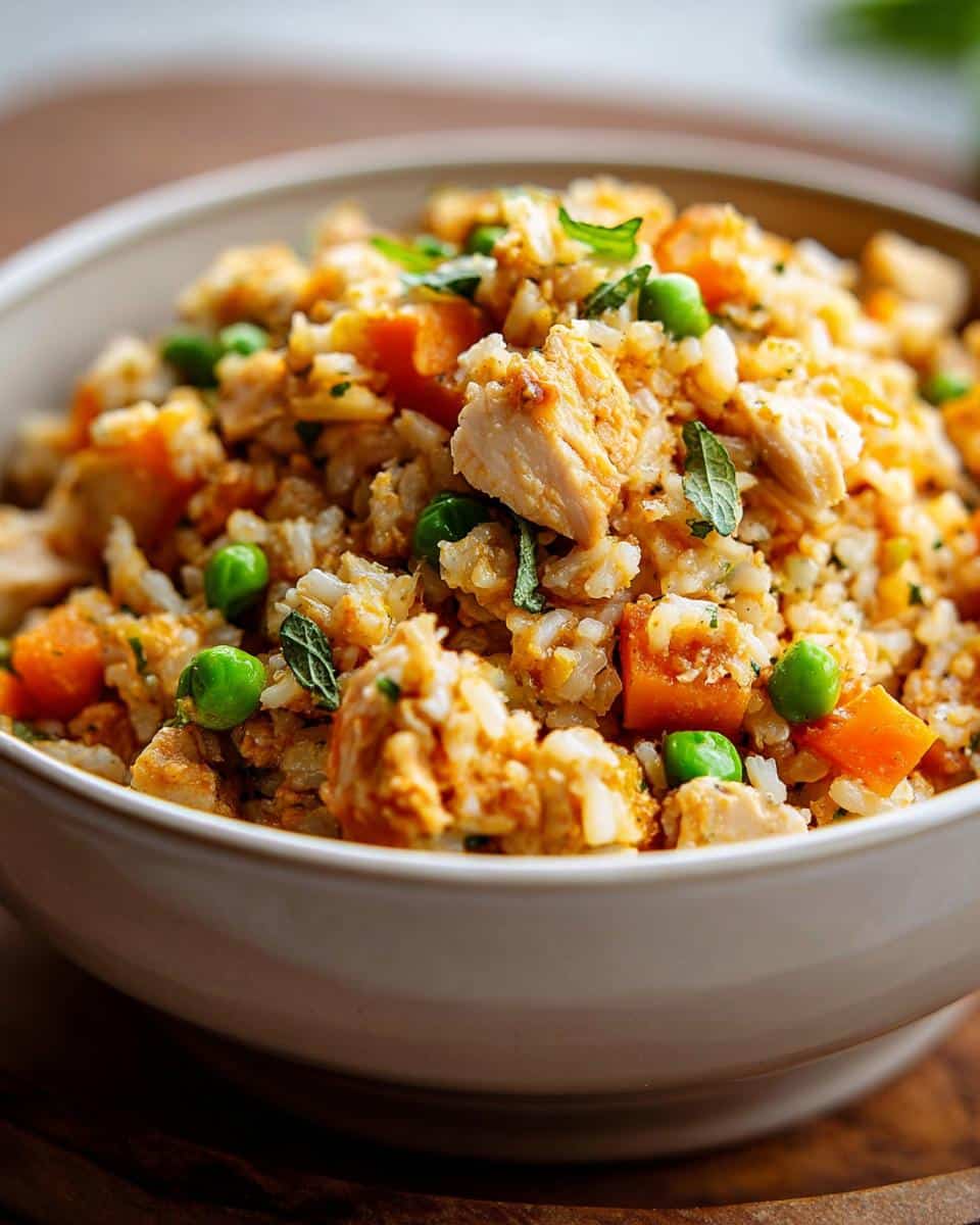 Close-up of a white bowl filled with Vet-Approved Turkey, Rice & Carrot Dog Food, showing chunks of turkey, rice, peas, and carrots.