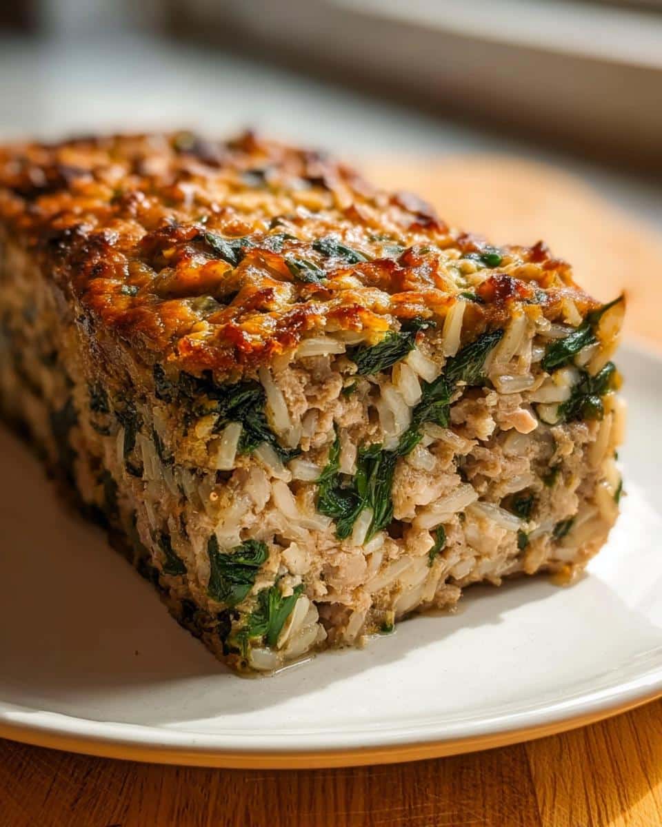 A slice of homemade Vet-Approved Turkey, Rice & Spinach Dog Food loaf with a browned top.