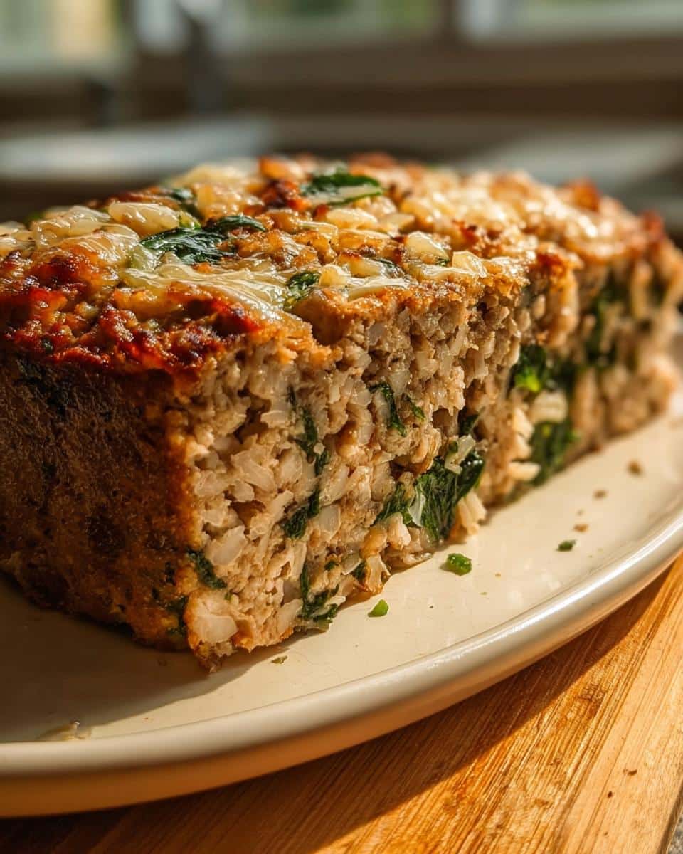 Close-up of a slice of Vet-Approved Turkey, Rice & Spinach Dog Food loaf showing texture of rice, meat, and spinach, topped with melted cheese.