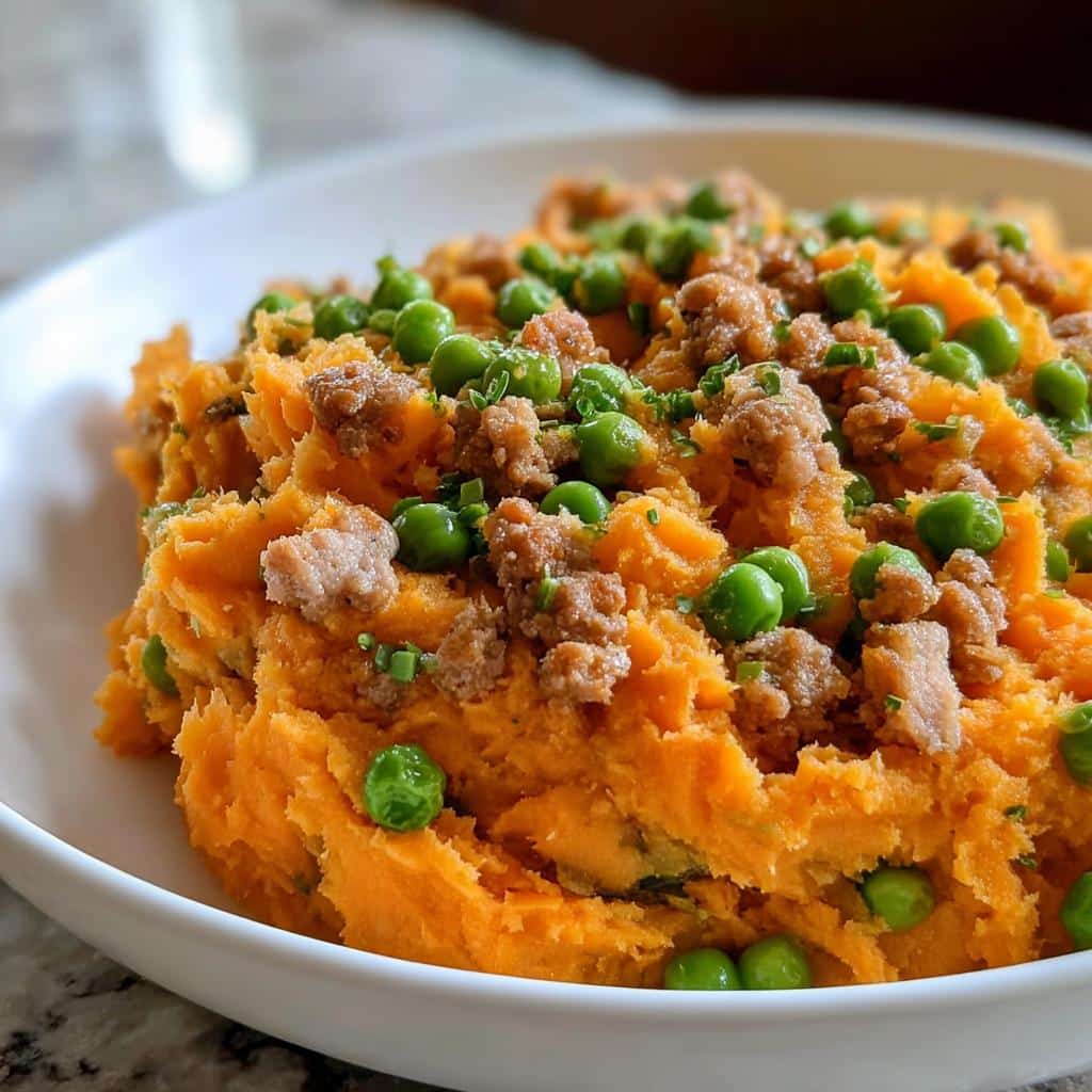 Close-up of Vet-Approved Turkey, Sweet Potato & Pea Dog Food mixture in a white bowl.
