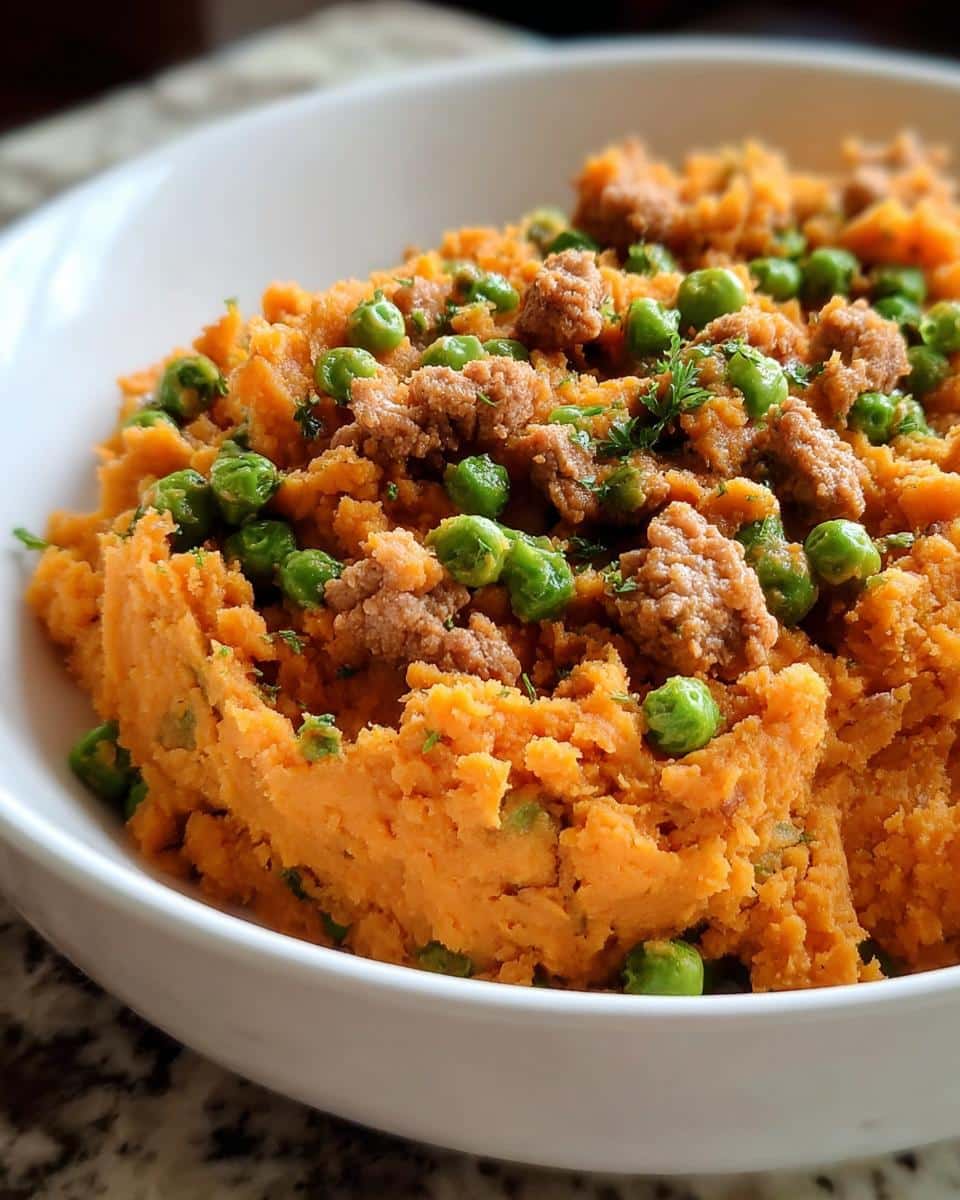 Close-up of Vet-Approved Turkey, Sweet Potato & Pea Dog Food mixture in a white bowl.