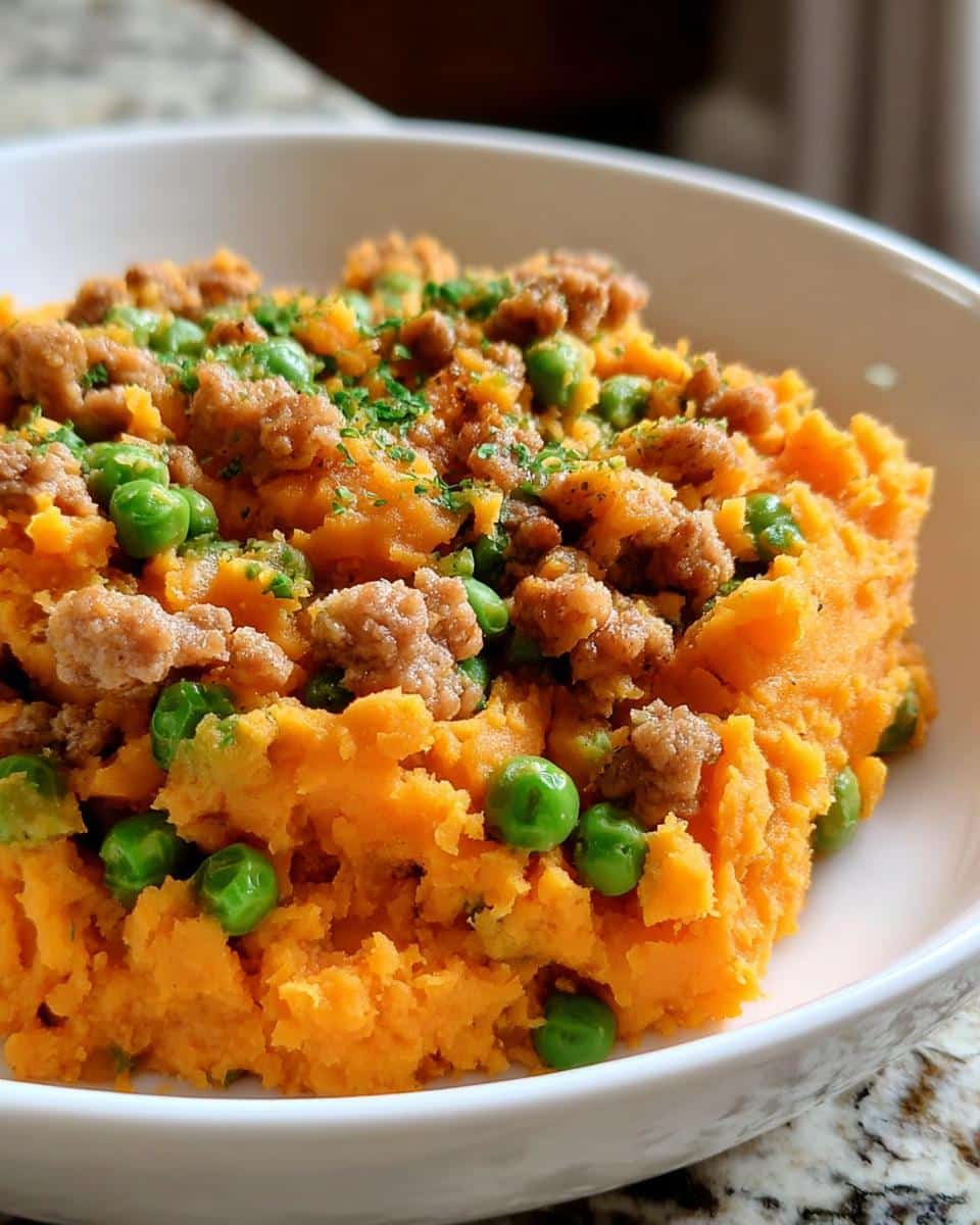 Close-up of Vet-Approved Turkey, Sweet Potato & Pea Dog Food in a white bowl.