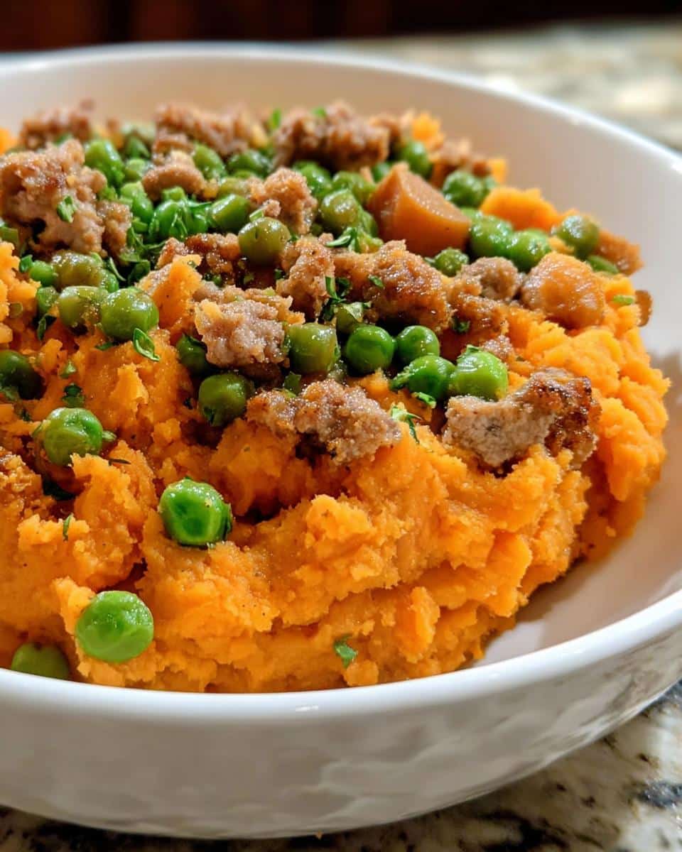 Close-up of Vet-Approved Turkey, Sweet Potato & Pea Dog Food mixture in a white bowl.