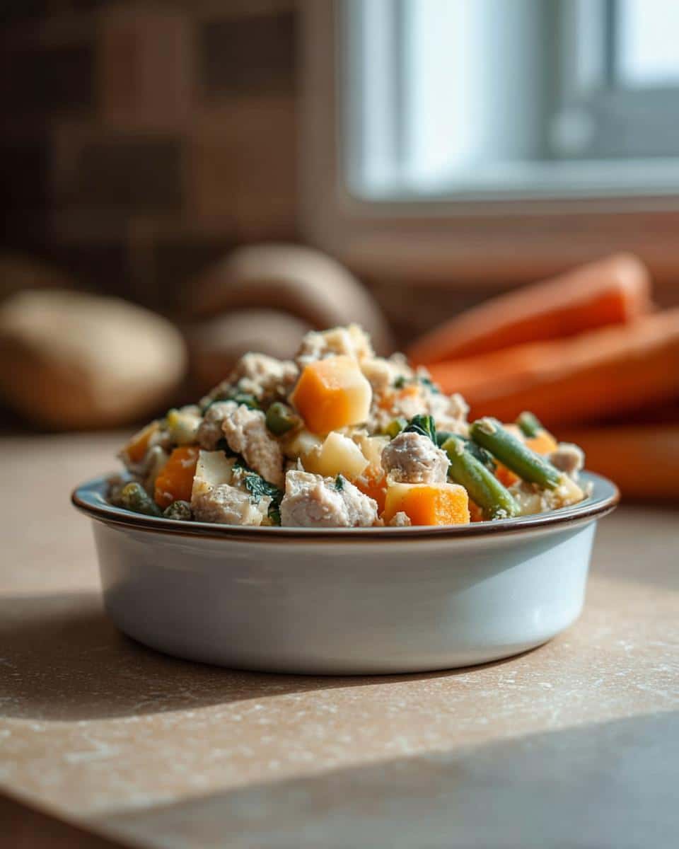 A small bowl filled with White Fish & Potato Mini-Batch Dog Food, showing chunks of white fish, potato, and carrots.