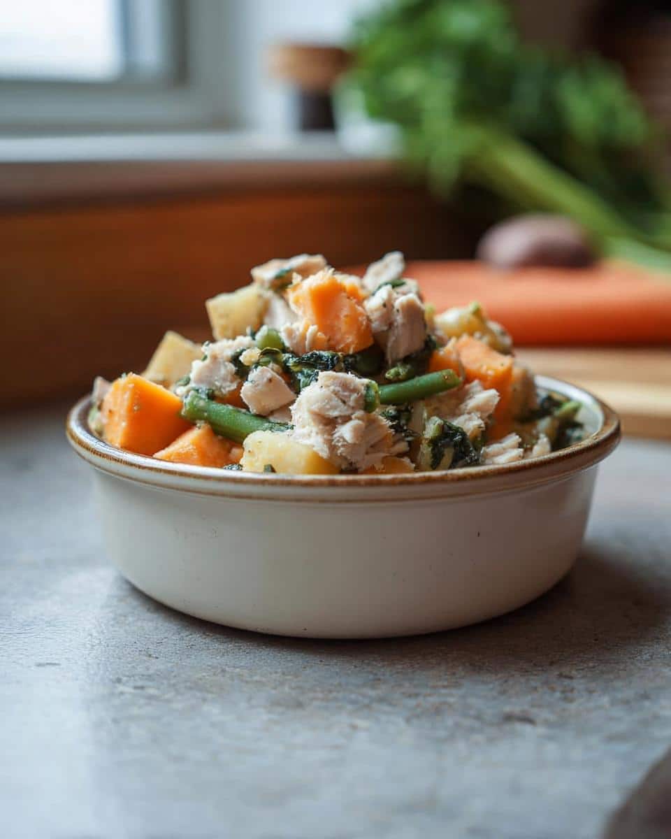 A small bowl of White Fish & Potato Mini-Batch Dog Food with chunks of white fish, sweet potato, and green beans.