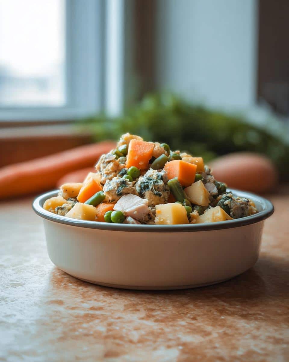 A bowl of White Fish & Potato Mini-Batch Dog Food with chunks of potato, carrots, and peas.