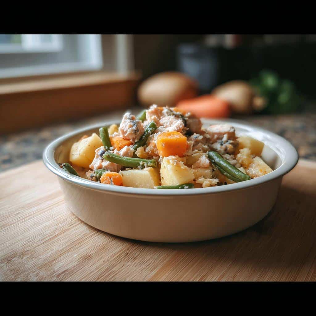 A small white bowl filled with White Fish & Potato Mini-Batch Dog Food, featuring chunks of potato, carrots, green beans, and fish.