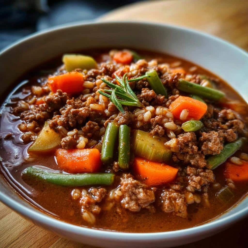 Close-up of a bowl filled with homemade Beef, Barley & Celery Dog Food, featuring ground beef, rice, carrots, and green beans.