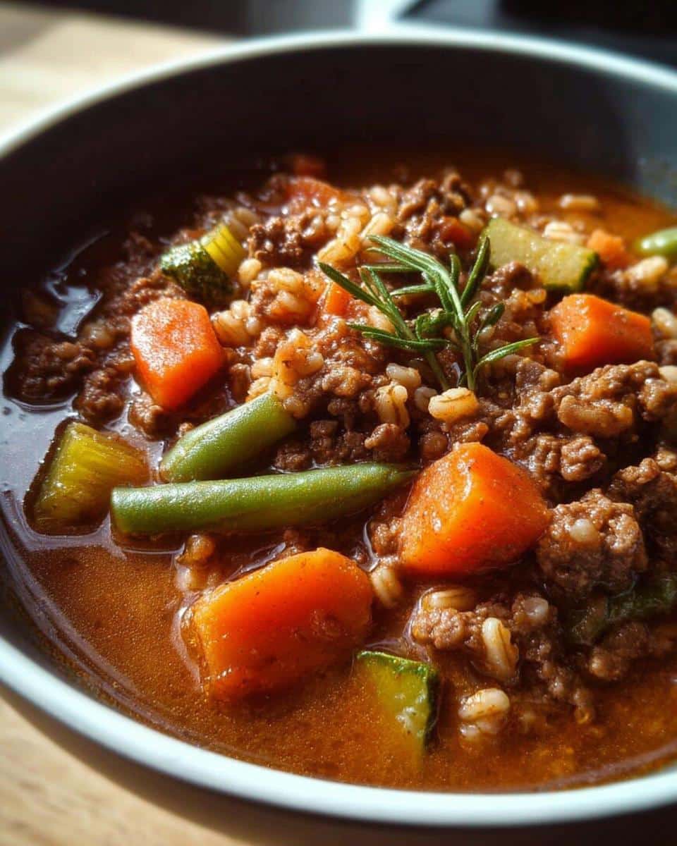 Close-up of a bowl filled with homemade Beef, Barley & Celery Dog Food, featuring ground beef, barley, carrots, green beans, and zucchini.
