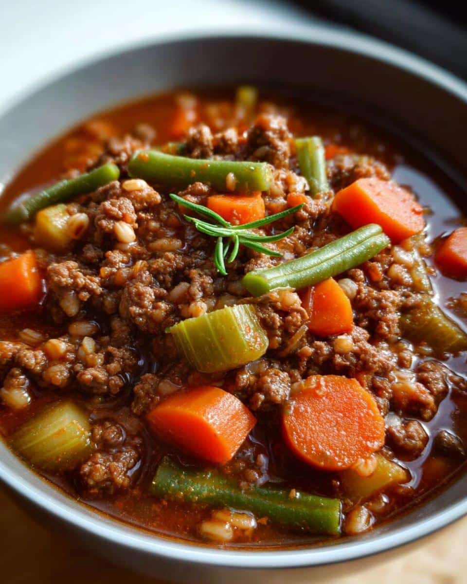 Close-up of a bowl of homemade Beef, Barley & Celery Dog Food, featuring ground beef, barley, carrots, celery, and green beans.