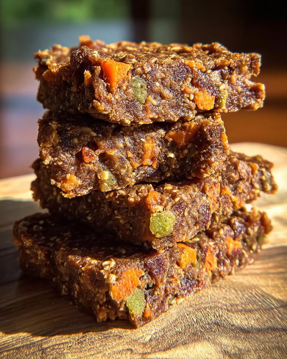 Stack of homemade dog food bars made with beef liver, millet, pumpkin, and seeds.