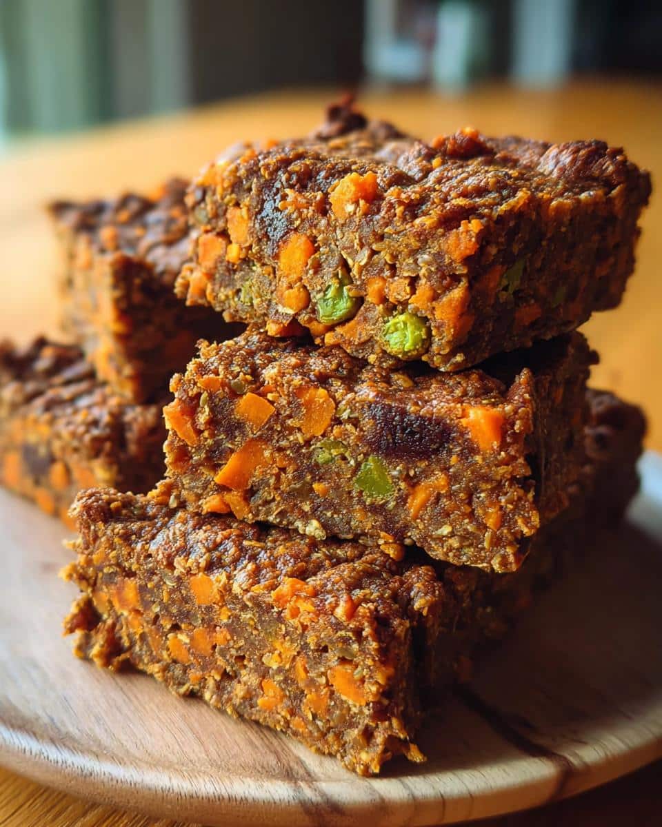 Close-up of stacked bars made for the Beef Liver & Millet Pumpkin Dog Food Recipe, showing carrots and peas.