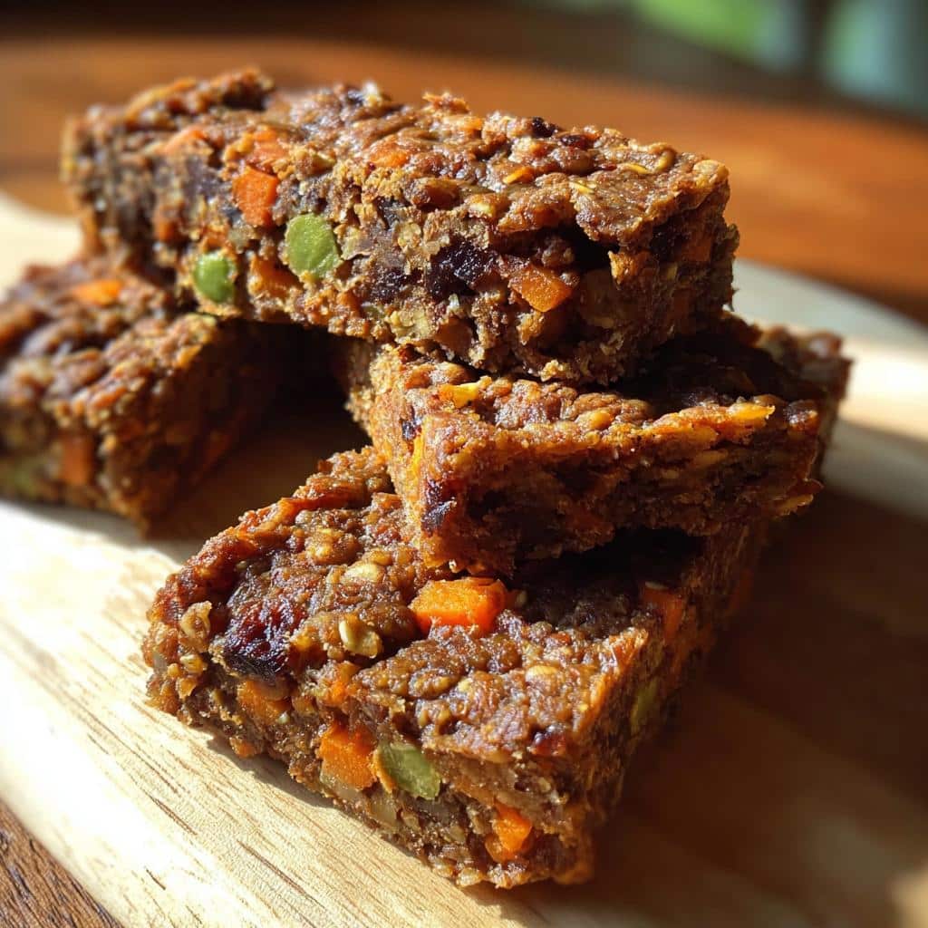Close-up of stacked homemade dog food bars made with beef liver, millet, pumpkin, carrots, and peas.