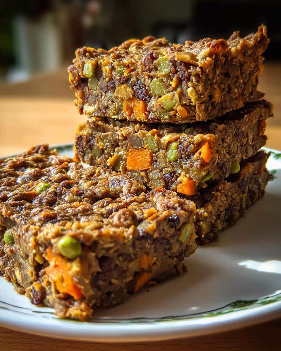 Stack of three slices of homemade Beef Liver & Millet Pumpkin Dog Food, showing visible pieces of carrots and peas.