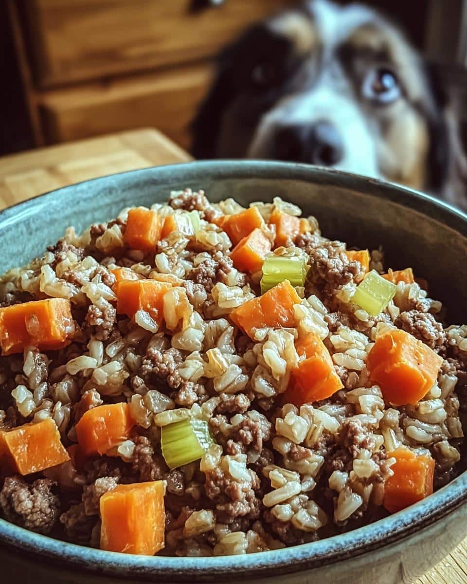A close-up of a bowl filled with homemade Beef, Millet & Carrots Dog Food. A dog looks on in the background.