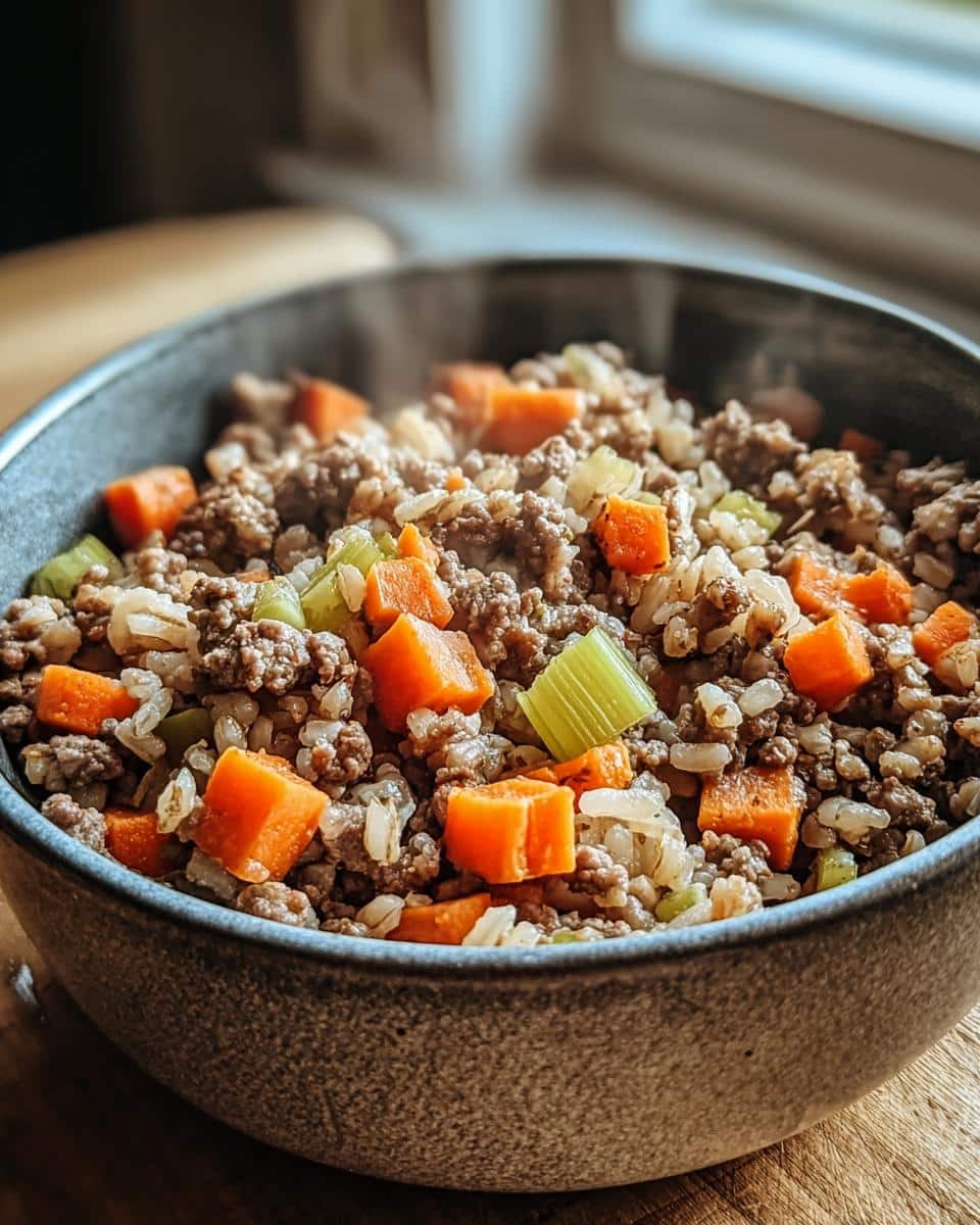 Close-up of a bowl filled with homemade Beef, Millet & Carrots Dog Food, showing ground beef, cooked millet, and diced carrots.