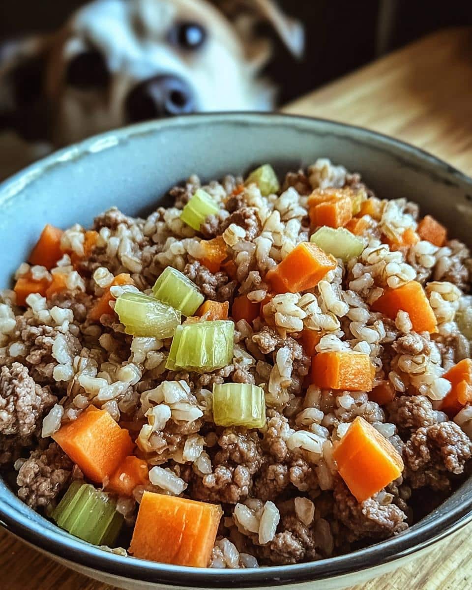 Close-up of a bowl filled with homemade Beef, Millet & Carrots Dog Food, with a dog looking on in the background.