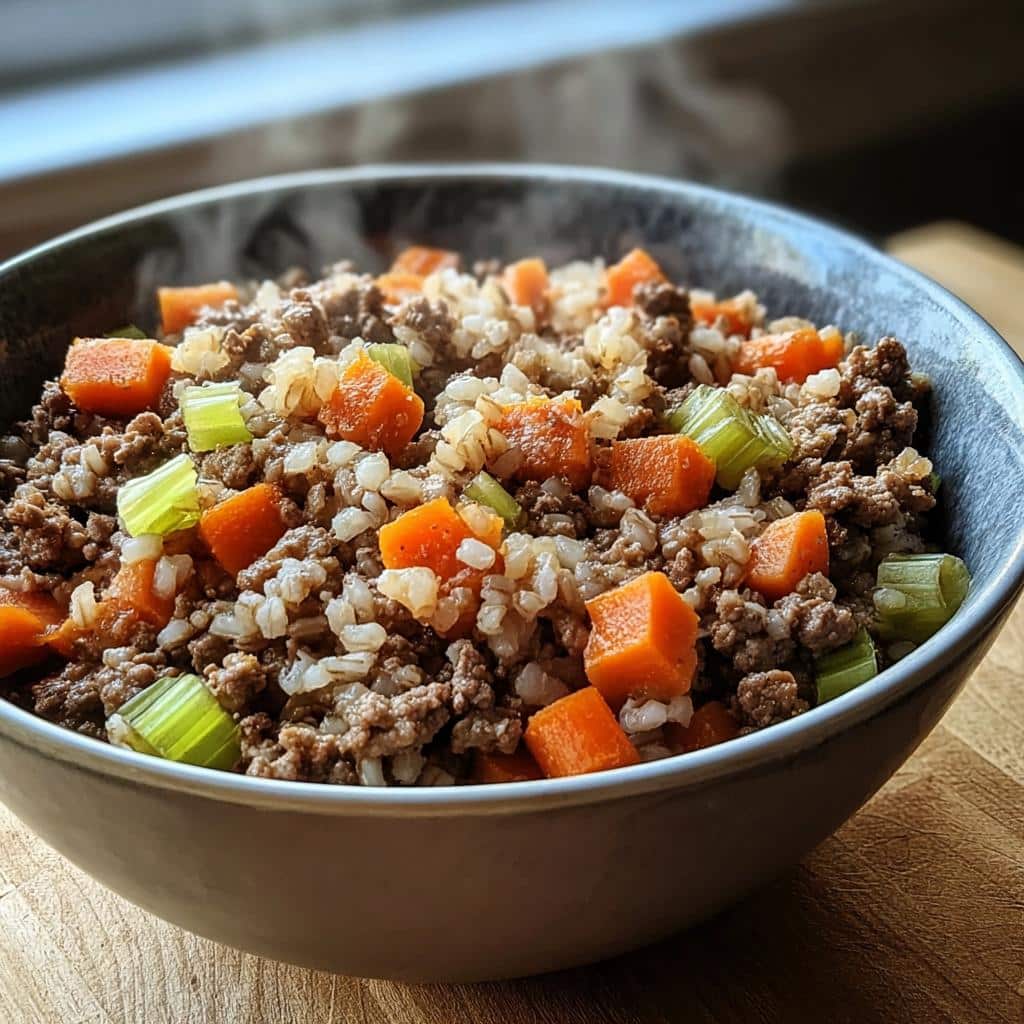 A close-up of a bowl filled with homemade dog food featuring ground beef, millet, diced carrots, and celery.