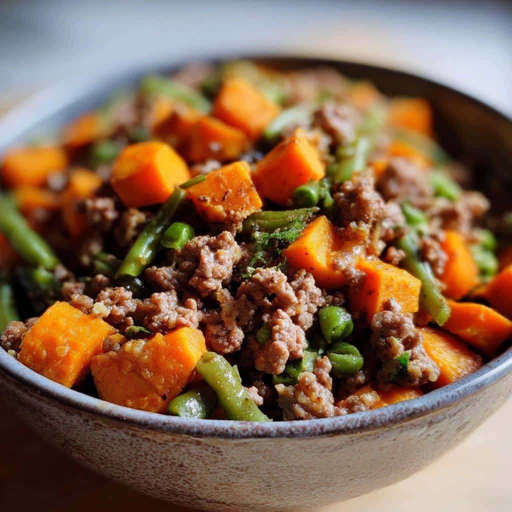 A bowl of homemade dog food featuring ground beef, diced sweet potatoes, and green beans.