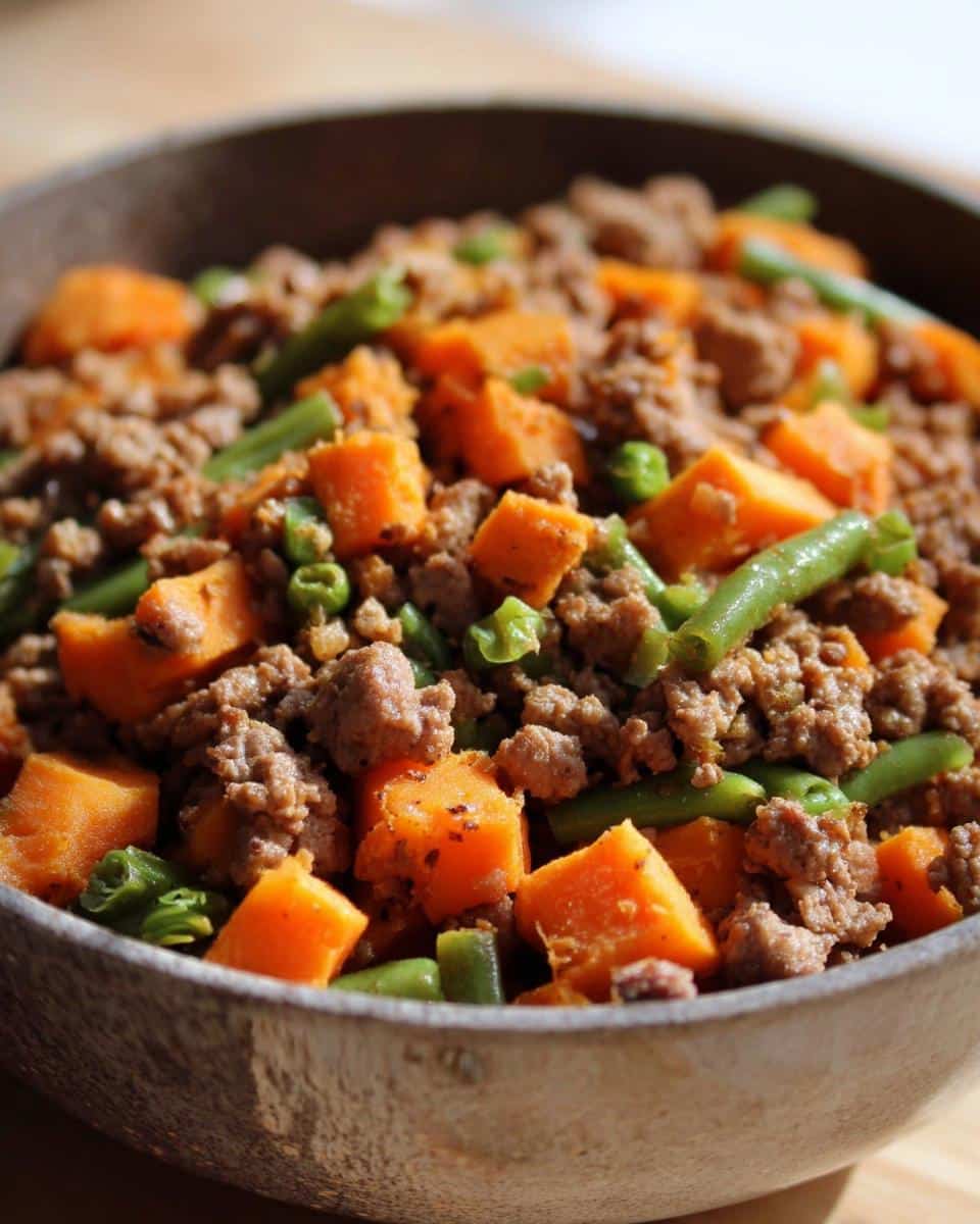 A close-up of a wooden bowl filled with homemade dog food featuring beef, sweet potato, and green beans.