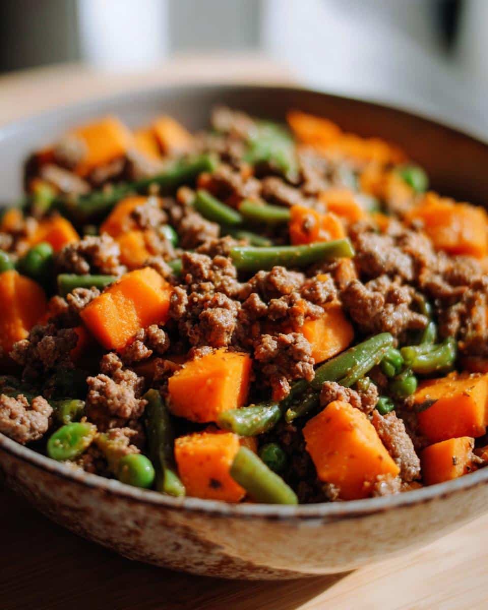 Close-up of a bowl filled with homemade Beef, Sweet Potato & Green Beans Dog Food.