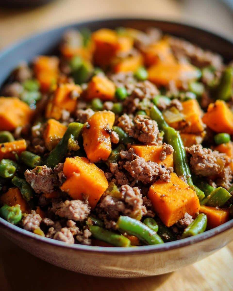 Close-up of homemade dog food with chunks of beef, sweet potato, green beans, and peas in a bowl.