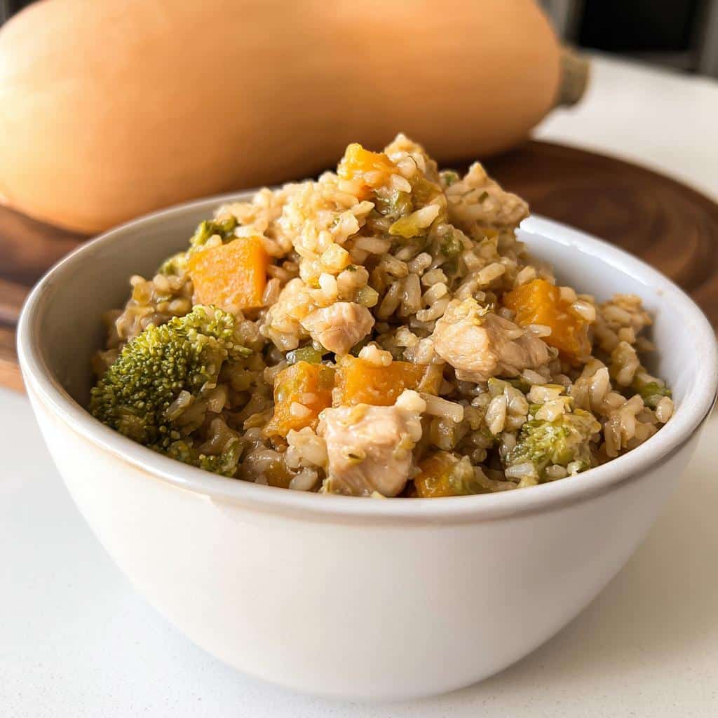 A close-up of a white bowl filled with homemade dog food featuring bison, brown rice, butternut squash, and broccoli.