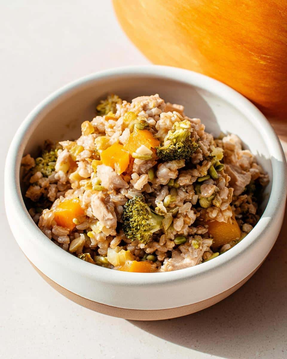 A close-up of a bowl filled with homemade Bison, Brown Rice & Butternut Squash Dog Food, featuring chunks of bison, broccoli, and squash.