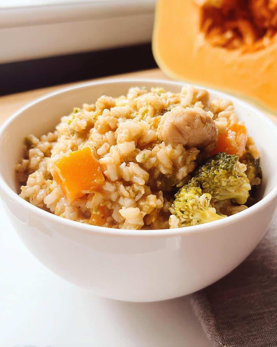 A white bowl filled with homemade Bison, Brown Rice & Butternut Squash Dog Food, featuring chunks of bison, brown rice, butternut squash, and broccoli.