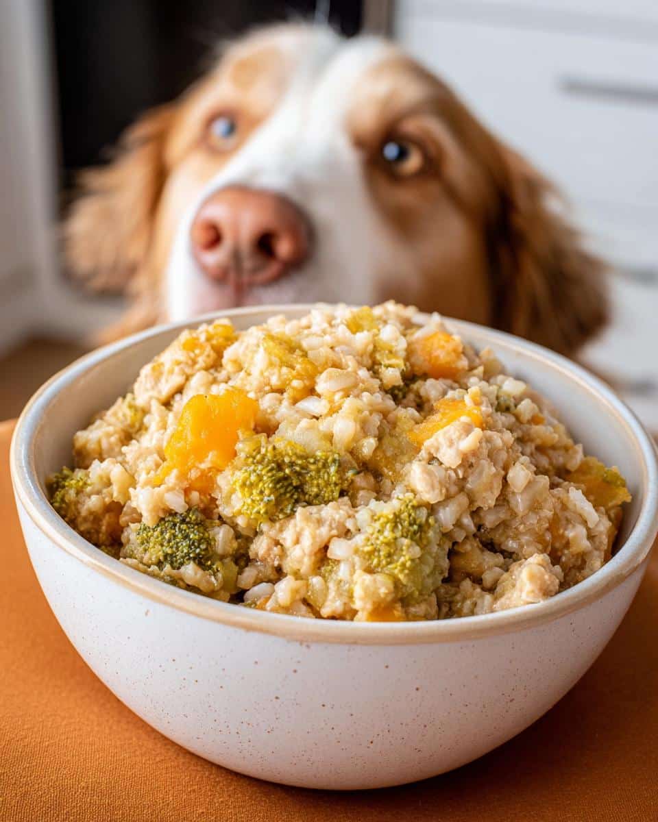 A bowl of homemade Bison, Brown Rice & Butternut Squash Dog Food with a dog looking on.