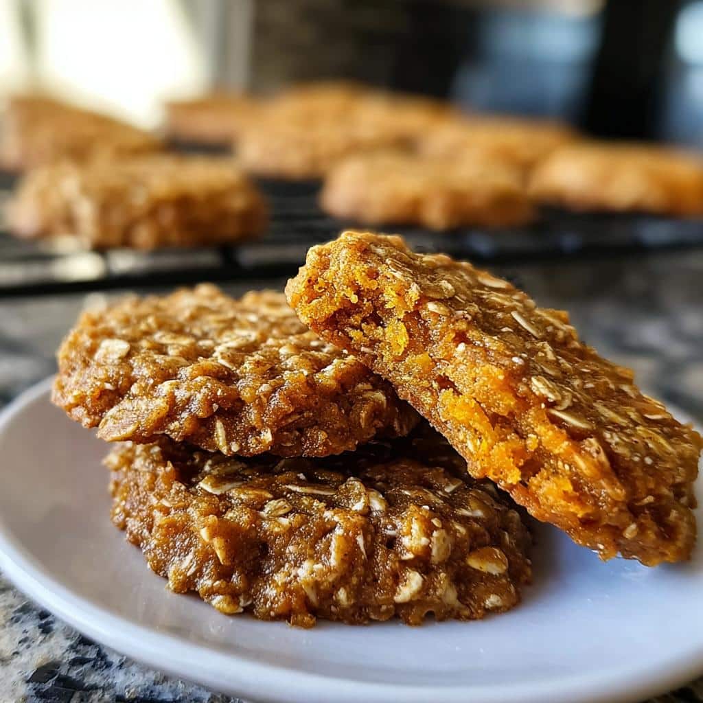 Close-up of homemade dog treats made with bison, oatmeal, and sweet potato, stacked on a white plate.