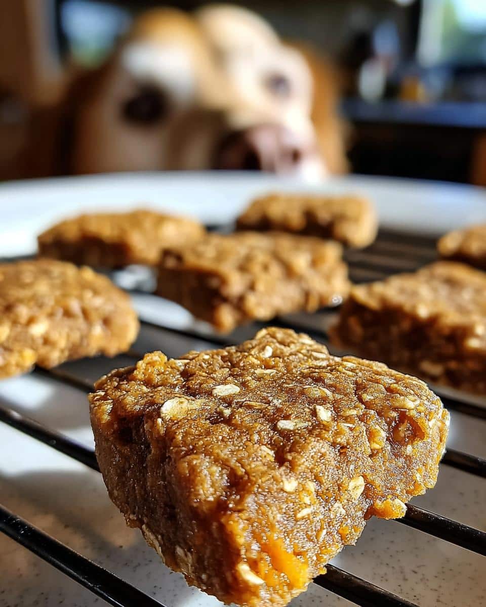 Close-up of homemade Bison, Oatmeal & Sweet Potato Dog Food Recipe treats cooling on a rack, with a dog looking on.