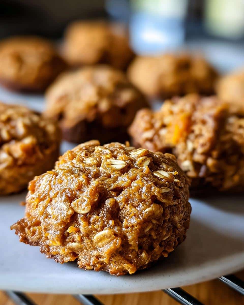 Close-up of homemade dog treats made with bison, oatmeal, and sweet potato, showing texture and oats.
