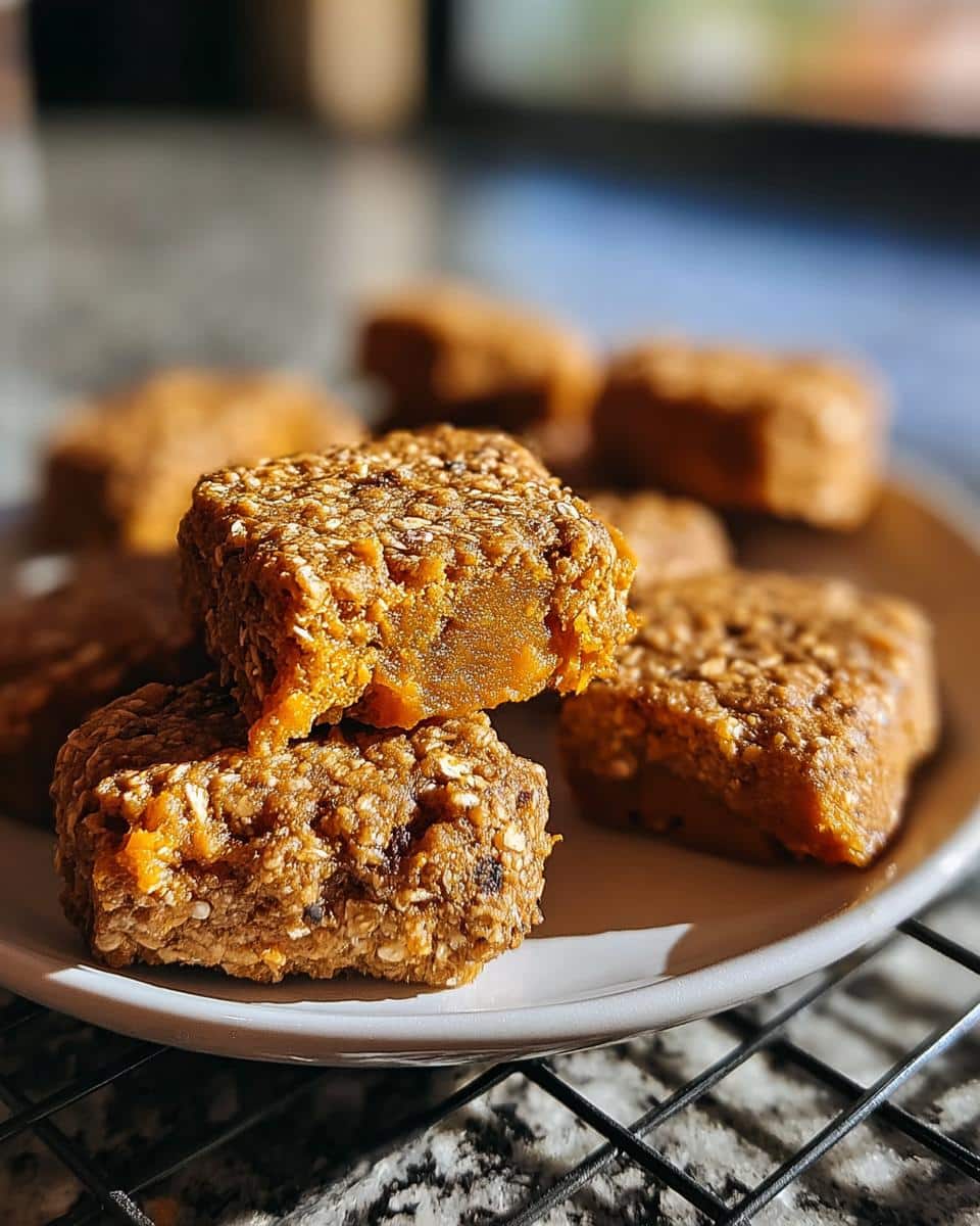 Close-up of homemade dog treats made with bison, oatmeal, and sweet potato, topped with sesame seeds.