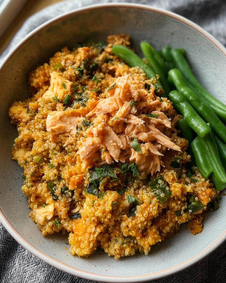 A bowl of homemade Bison & Pumpkin Quinoa Dog Food topped with shredded salmon and a side of green beans.