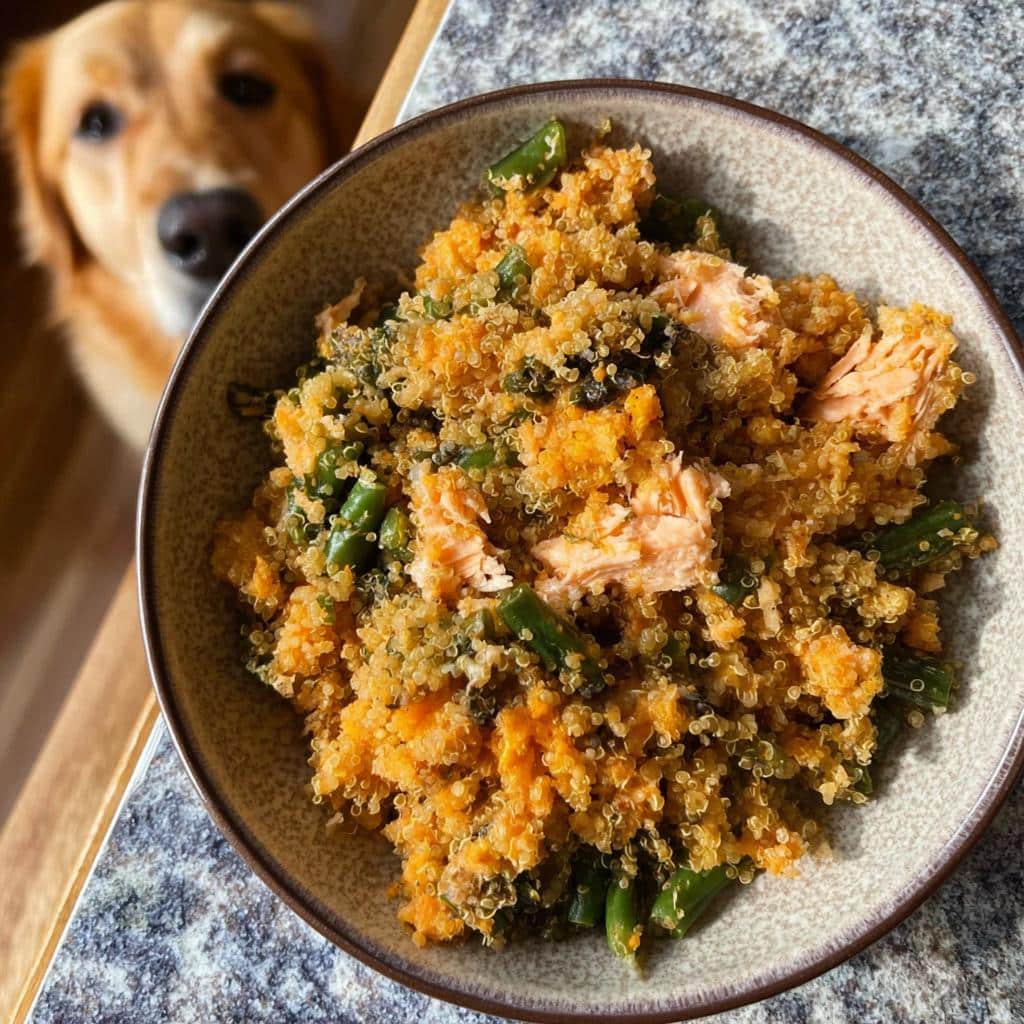 A bowl of homemade dog food featuring bison, pumpkin, quinoa, and green beans, with a golden retriever looking on.