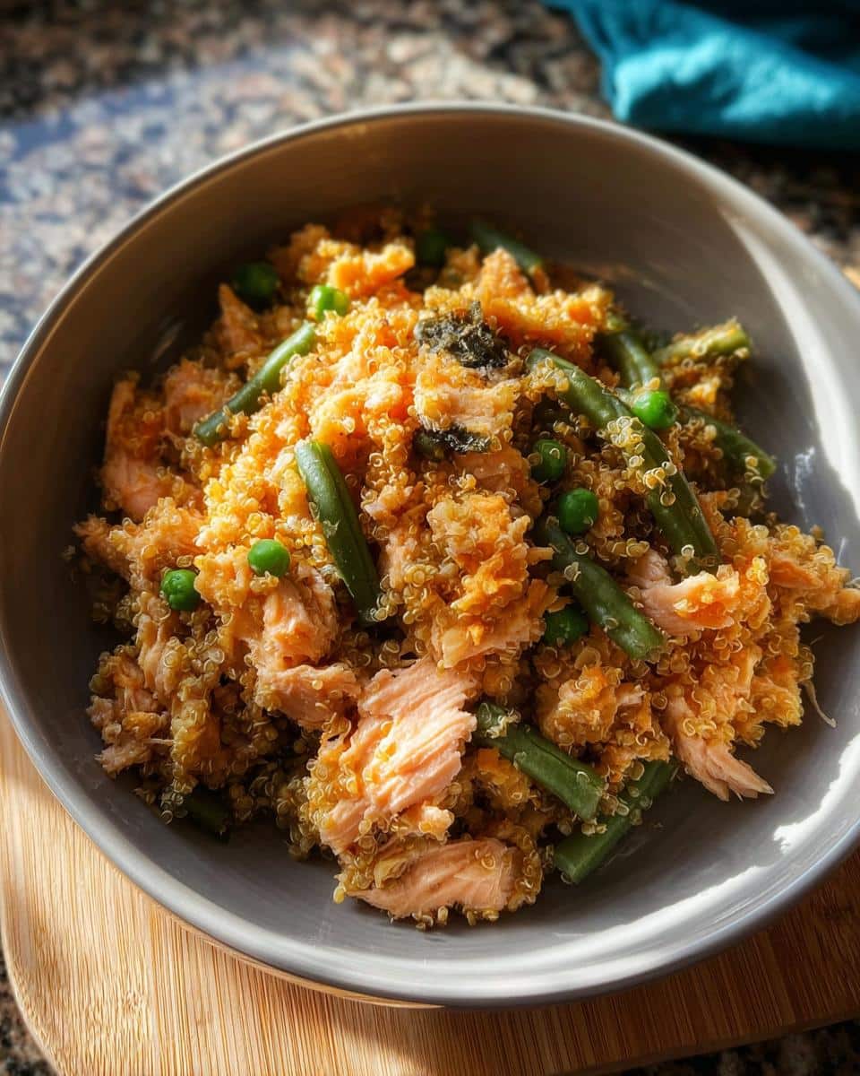 A bowl of Bison & Pumpkin Quinoa Dog Food Recipe with salmon flakes, green beans, and peas.