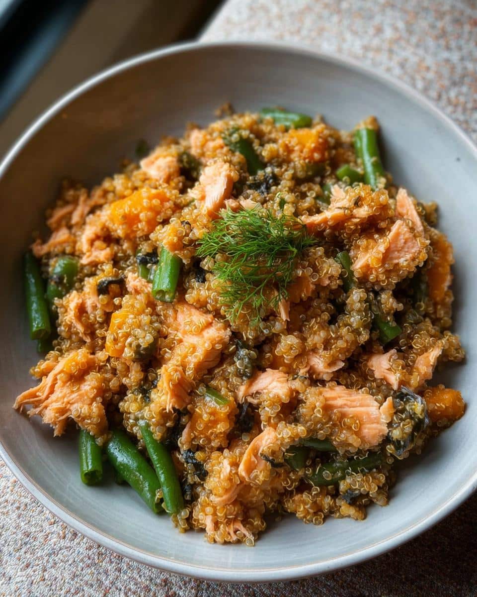 A bowl of homemade dog food featuring quinoa, salmon, pumpkin, and green beans, garnished with dill.