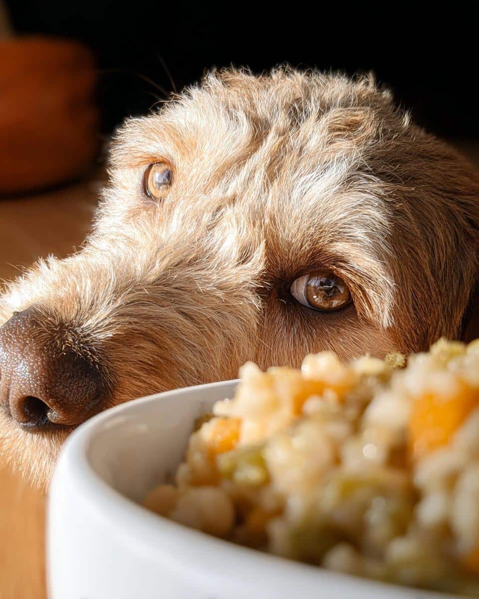 A fluffy brown dog with curious eyes looks intently at a bowl of Bison, Rice & Butternut Squash Dog Food.